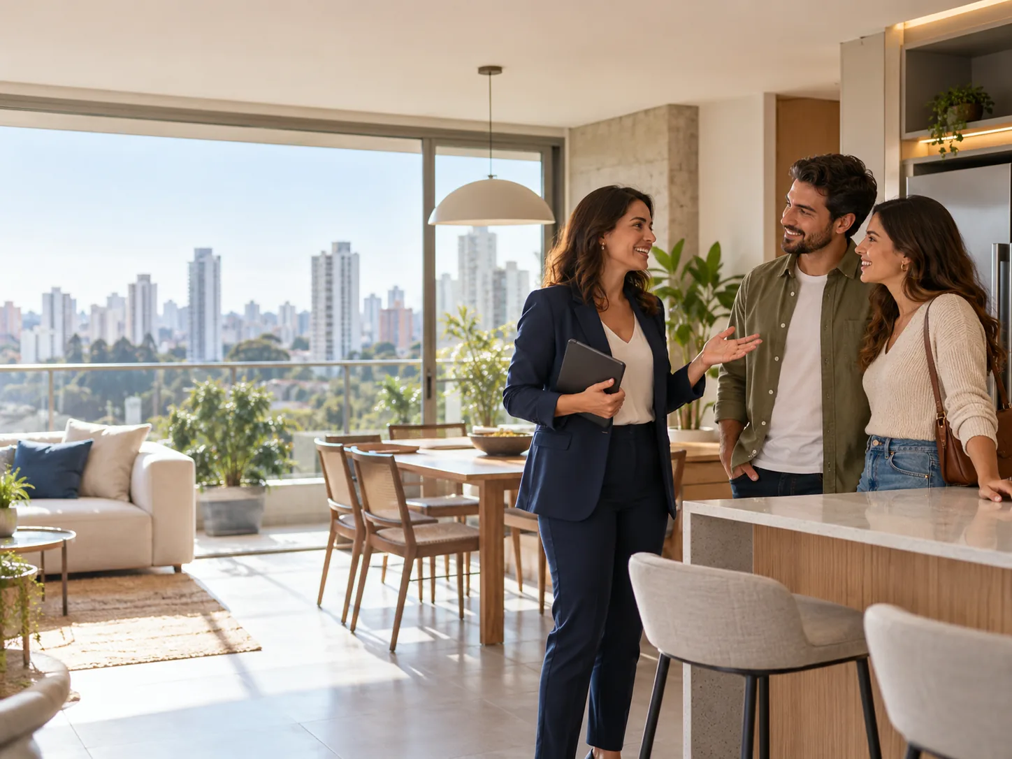 Cena ilustrativa de uma consultora imobiliária conversando com um casal em um apartamento iluminado